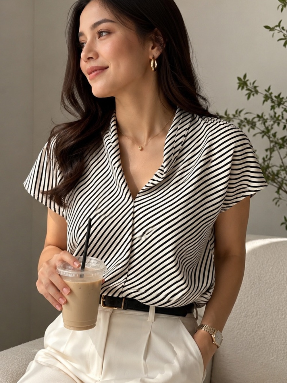 Classic Parisian Diagonal Stripe Office Wear Business Casual Minimalist Neutral